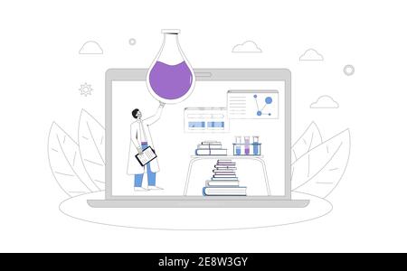 Online-Chemieunterricht. Digitales Lernen. Die junge Lehrerin zeigt die chemischen Erfahrungen auf dem Computerbildschirm. Internet-Webinar oder Online-Videotraining. Stock Vektor