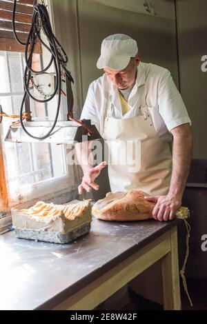 Ein Arbeiter in einer parmaschinken-Fabrik, der Fett zuführt Von Hand, um das Fleisch vor der Reifung zu versiegeln Stockfoto