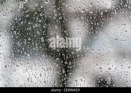 Regnerisches Wetter, Regentropfen auf einer Fensterscheibe, Stockfoto