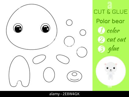 Malbuch schneiden und kleben Baby Eisbär. Pädagogische Papier Spiel für Vorschulkinder. Arbeitsblatt ausschneiden und einfügen. Farbe, Schnittteile und Kleber auf Papier Stock Vektor