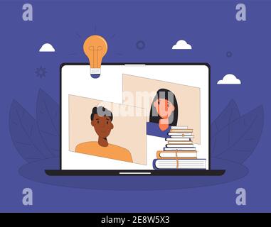 Online-Schulungen. Digitales Lernen. Menschen, die miteinander auf dem Computerbildschirm sprechen. Lehrer und Schüler. Internet-Webinar oder Online-Videotraining. Stock Vektor