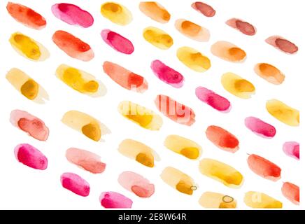 Aquarell-Zeilen mit einem Pinsel aus Aquarell-Striche in Schattierungen von trendigen warmen Tönen auf weißem Hintergrund gezeichnet, Minimalismus. Stockfoto