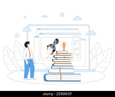Online-Erwachsenenbildung. Digitales Lernen. Menschen, die miteinander auf dem Computerbildschirm sprechen. Lehrer und Schüler. Internet-Webinar oder Online-Videottrain Stock Vektor