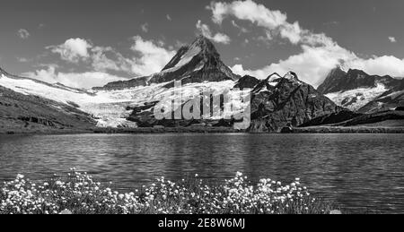 Blick auf den Sonnenaufgang auf die Berner Bergkette über dem Bachalpsee. Beliebte Touristenattraktion. Lage Ort Schweiz alpen, Grindelwald Tal, Europa Stockfoto