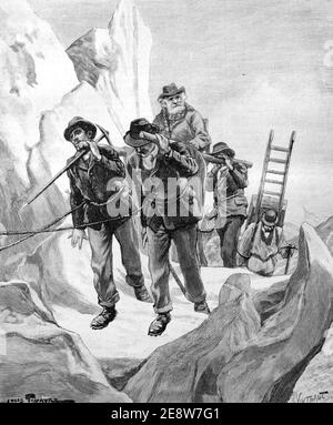 Der französische Astronom Jules Janssen (1824-1907) alias Pierre Jules César Janssen wird Mitte der 70er von Porters auf den Mont Blanc in den französischen Alpen getragen. 1901 Vintage Illustration oder Gravur Stockfoto