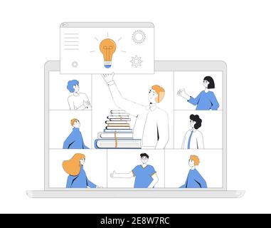 Online-Schulungen. Digitales Lernen. Menschen, die miteinander auf dem Computerbildschirm sprechen. Lehrer und Schüler. Internet-Webinar oder Online-Videotraining. Stock Vektor