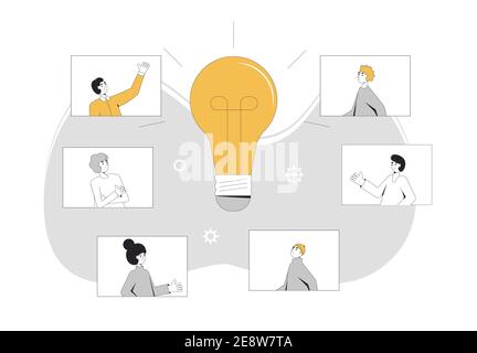 Online-Meeting. Remote-Teamarbeit. Menschen, die online miteinander sprechen und Brainstorming durchführen. Internet-Webinar oder Online-Videotraining. Vektorfarbe Linie A Stock Vektor