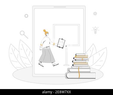 Online-Schulungen. Digitales Lernen. Der Lehrer hält einen Vortrag auf dem Tablet oder dem Telefonbildschirm. Internet-Webinar oder Online-Videotraining. Vektorfarbe Linie ar Stock Vektor