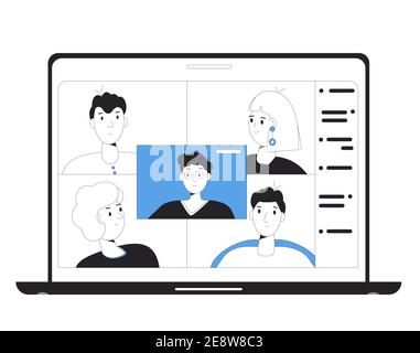 Online-Schulungen. Digitales Lernen. Menschen, die miteinander auf dem Computerbildschirm sprechen. Lehrer und Schüler. Internet-Webinar oder Online-Videotraining. Stock Vektor