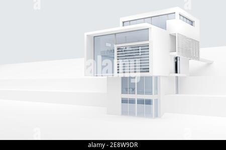 Hervorstehender Teil eines modernen Gebäudes in Weiß. 3d-Rendering Stockfoto
