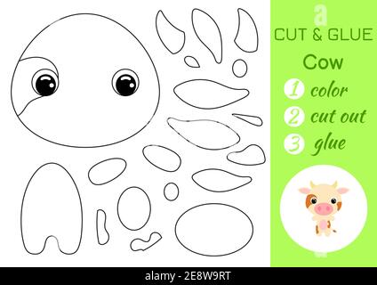 Malbuch schneiden und kleben Baby Kuh. Pädagogische Papier Spiel für Vorschulkinder. Arbeitsblatt ausschneiden und einfügen. Farbe, Schnittteile und Kleber auf Papier. Stock Vektor
