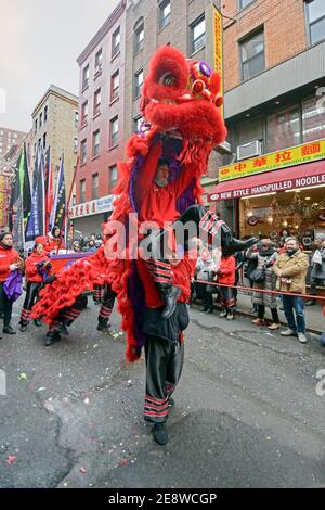 Ein Drachentanz vor einem Restaurant in der Pell Street in Chinatown in New York City am Lunar New Year 2016. Stockfoto