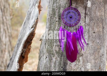 Traumfänger mit Federn Fäden und Perlen Seil hängen. Dreamcatcher handgefertigt Stockfoto