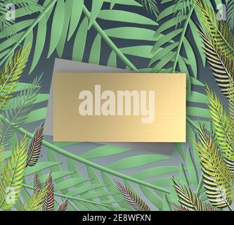Tropische Blätter auf dunkelblauem Hintergrund. Goldenes Geschenklabel für Nachbau. Exotisches botanisches Design. Modell. 3D-Illustration Stockfoto