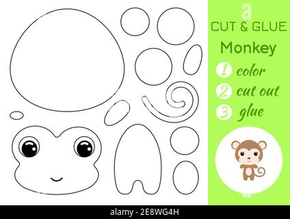 Malbuch schneiden und kleben Baby Affen. Pädagogische Papier Spiel für Vorschulkinder. Arbeitsblatt ausschneiden und einfügen. Farbe, Schnittteile und Kleber auf Papier. Stock Vektor