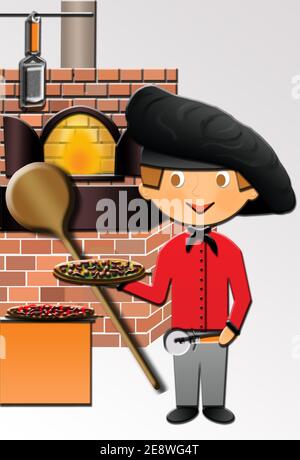 Karikatur eines süßen Happy Pizza Chef, in einer Uniform, mit einem Ofen und einige Pizzen. Diese Illustration ist Teil einer Sammlung verschiedener Berufe. Stockfoto