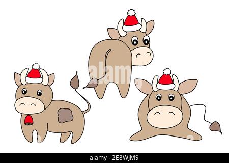 Stier in einem Winterhut. Vektor Tier illustrationfür Kinder. Vorlage liebenswert Charakter für Ihr Design. Bunte Cartoon nette Kuh. Neujahr und Stock Vektor