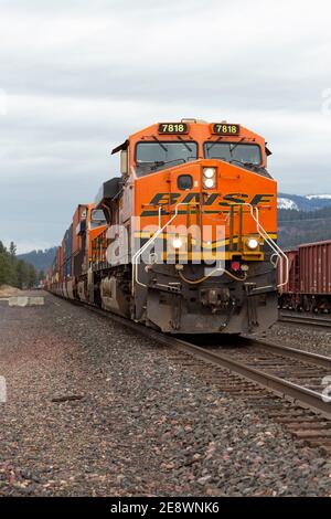 Eine BNSF Zug Diesel-elektrische Lokomotive zieht eine Linie von Container-Brunnen Autos durch die Werft in Troy, Montana. Burlington Northern und Santa Stockfoto