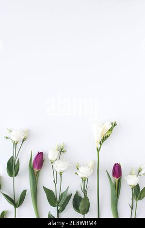 Kreatives Layout mit Blumen und grünen Blättern mit Kopieplatz. Minimal modern kreativ Valentines oder Frauentag Konzept. Stockfoto