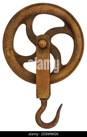 Vintage rostigen Kranhaken mit Rad isoliert auf einem weißen Hintergrund Stockfoto