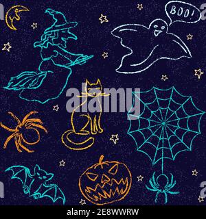 Halloween Nahtloses Muster mit handgezeichneten Silhouetten Stock Vektor