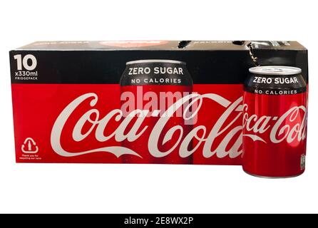 Box und Dose Zero Sugar Keine Kalorien Coca Cola Stockfoto