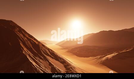 Mars - der rote Planet. Marsch Landschaft mit Staub bedeckt. 3D-Illustration Stockfoto