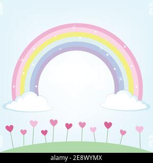 Niedliche Wiese und Wolken mit Regenbogen bunte Illustration Stockfoto