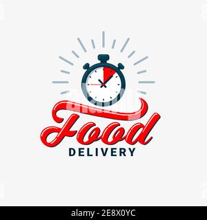 Symbol für die Lebensmittelzustellung. Timer und Lebensmittelzustellung Beschriftung auf hellem Hintergrund. Schnelle Lieferung, Express-und dringenden Versand, Essen Essensdienste, Chronometer Stock Vektor