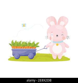 Cute Cartoon Osterhase zieht den Wagen voller Karotten. Vektorgrafik. Stock Vektor