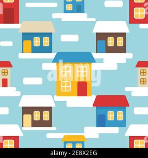 Winter Nahtloses Muster mit Häusern im flachen Stil Stock Vektor