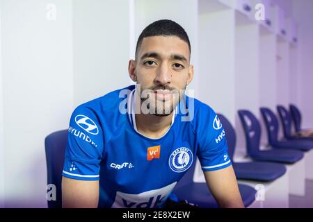 Gents Tarik Tissoudali im Bild während einer Pressekonferenz des belgischen Teams der ersten Division KAA Gent, um am Montag, den 01. Februar, ihren neuesten Transfer zu präsentieren Stockfoto