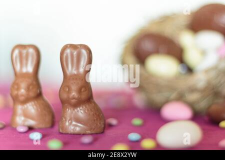 Schokoladenhasen mit Nest mit osterbonbons auf dem Hintergrund Stockfoto