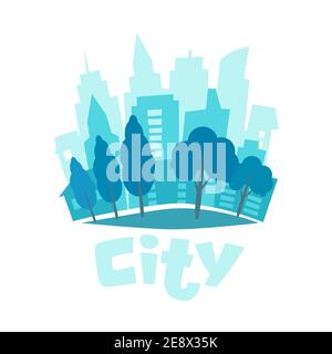Urbane Landschaft im flachen Stil. Vektorgrafik Skyline der Stadt. Blaues Symbol für die Silhouette einer Stadt. Urbanes Leben. Stadthintergrund. Stock Vektor
