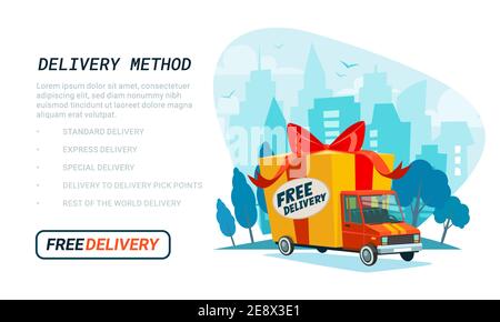 Kostenlose Liefervorlage. Lieferwagen mit Geschenkbox, Paket. Lieferservice Versand mit Auto oder LKW. Flacher Design LKW auf Urban Landschaft Stock Vektor