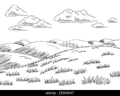 Hügel Grafik schwarz weiß Landschaft Skizze Illustration Vektor Stock Vektor