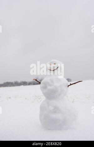 Ein netter kleiner Schneemann lächelt während eines verschneiten Wintertages in Washington, D.C. Stockfoto