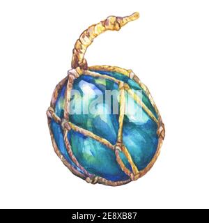 Illustration der alten blauen Glaskugel nautische. Handgezeichnetes Aquarell auf weißem Hintergrund. Stockfoto