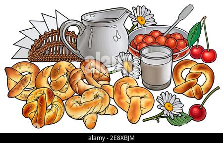 Brötchen, Blumen, Milch, Servietten, Beeren handgezeichnete Vektor Doodle Illustration. Stock Vektor