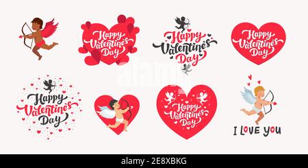 Alles Liebe zum Valentinstag Vektor-Set. Love Day Zitate und Schriftzüge mit Herzen und Cupids weißen Hintergrund. Vektorgrafik Stock Vektor