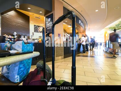 Reisende warten in der Schlange an einem Peet's Coffee Stand Shop im Seattle Terminal Airport in Seattle, Washington, USA. Stockfoto