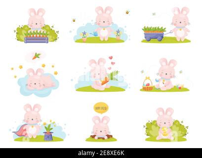 Niedliche Cartoon Ostern Hase Set. Vektorgrafik. Stock Vektor
