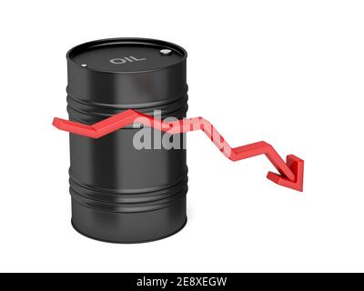 Ölpreisrückgang, Konzeptbild mit rotem Pfeil und Öltrommel Stockfoto