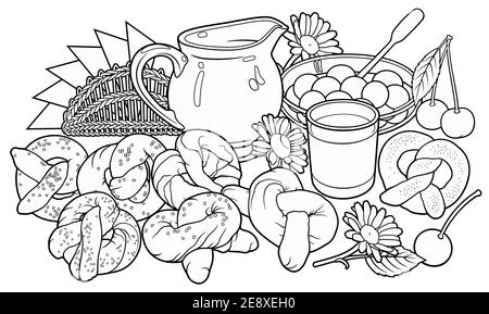 Brötchen, Blumen, Milch, Servietten, Beeren handgezeichnete Vektor Doodle Illustration. Stock Vektor