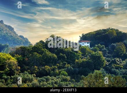 Blick über das Tal bei Sonnenuntergang über Piano di Sorrento, Italien Stockfoto