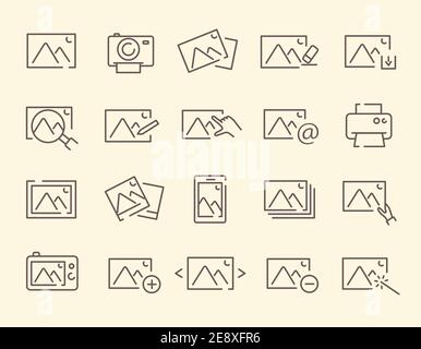 Einfache Reihe von umrissenden, fotobezogenen Liniensymbolen Stock Vektor