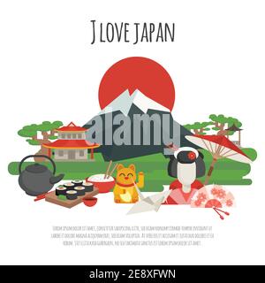 Japanische nationale Symbole mit ich liebe japan Slogan Farbe Poster Flache Vektorgrafik Stock Vektor
