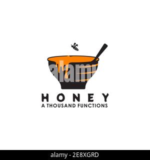 Honig in einer Schüssel und eine Biene fliegt über Sie Logo Vektor Design Vorlage Stock Vektor