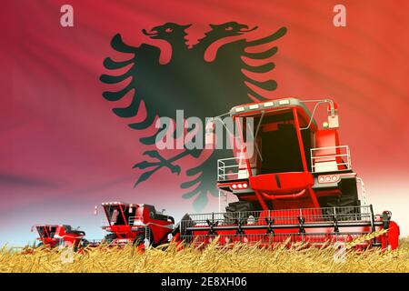 Red Roggen landwirtschaftlichen Mähdrescher auf Feld mit Albanien Flagge Hintergrund, Lebensmittelindustrie Konzept - Industrie 3D Illustration Stockfoto