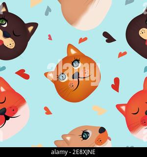 Nette Katze Gesichter nahtlose Muster. Bunte Gesichter Katze auf blauem Hintergrund. 3D-Vektordarstellung. Stock Vektor